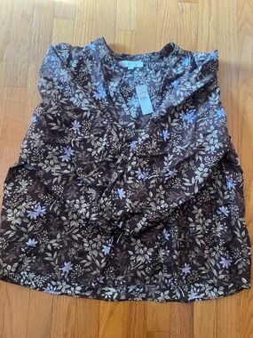 LOFT Brown Floral V-Neck Top with Lavender Accents